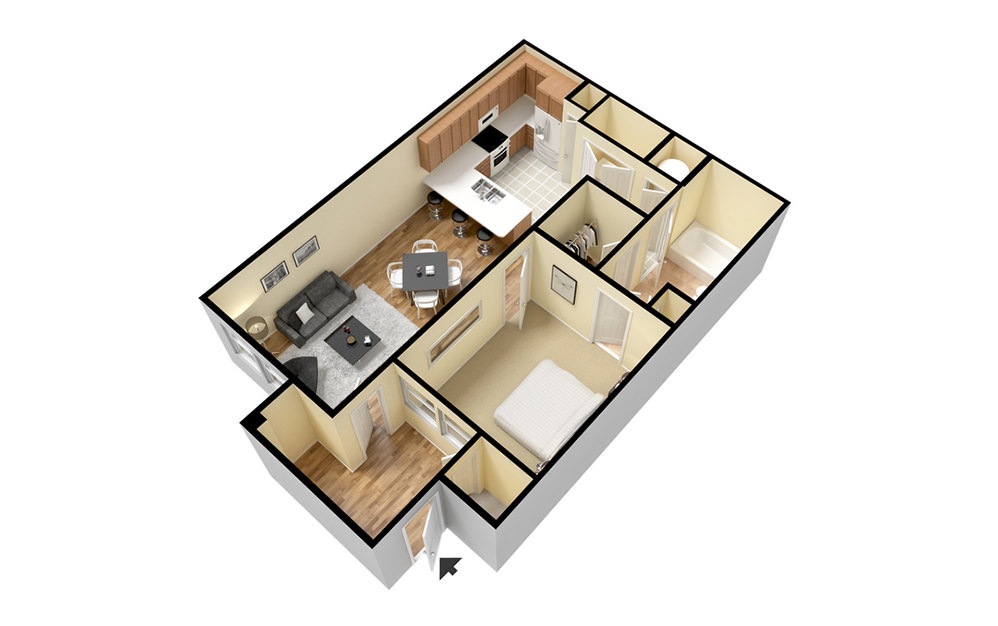 A1 - 1 bedroom floorplan layout with 1 bathroom and 701 square feet (3D)