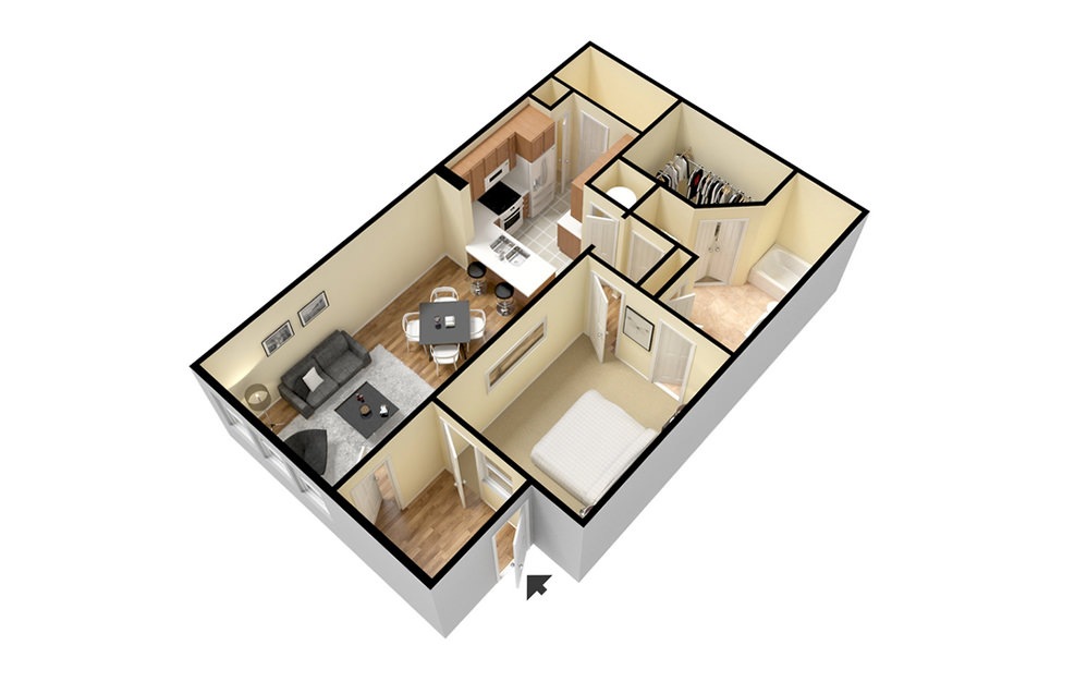 A3 - 1 bedroom floorplan layout with 1 bathroom and 853 square feet (3D)