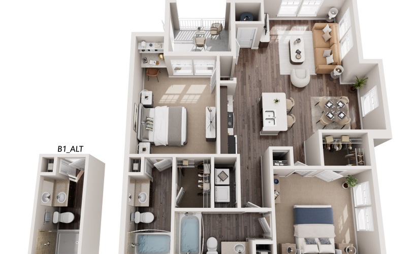 B1 - 2 bedroom floorplan layout with 2 bathrooms and 1053 square feet