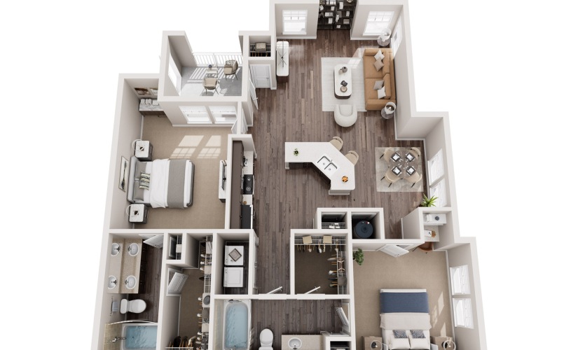 B2 - 2 bedroom floorplan layout with 2 bathrooms and 1211 square feet