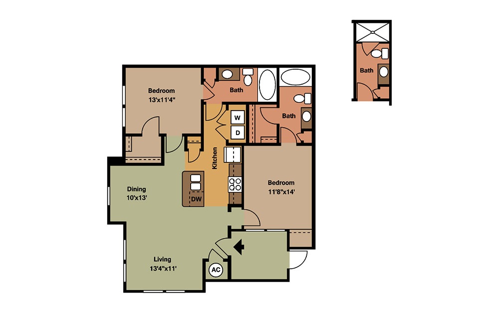 B1 - 2 bedroom floorplan layout with 2 baths and 1053 square feet. (2D)