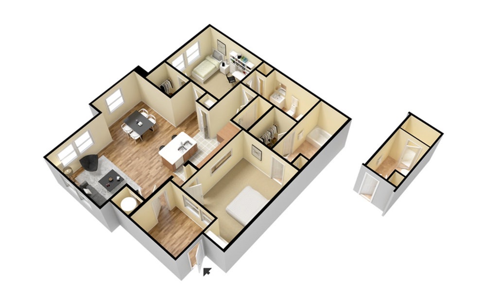 B1 - 2 bedroom floorplan layout with 2 bathrooms and 1053 square feet (3D)