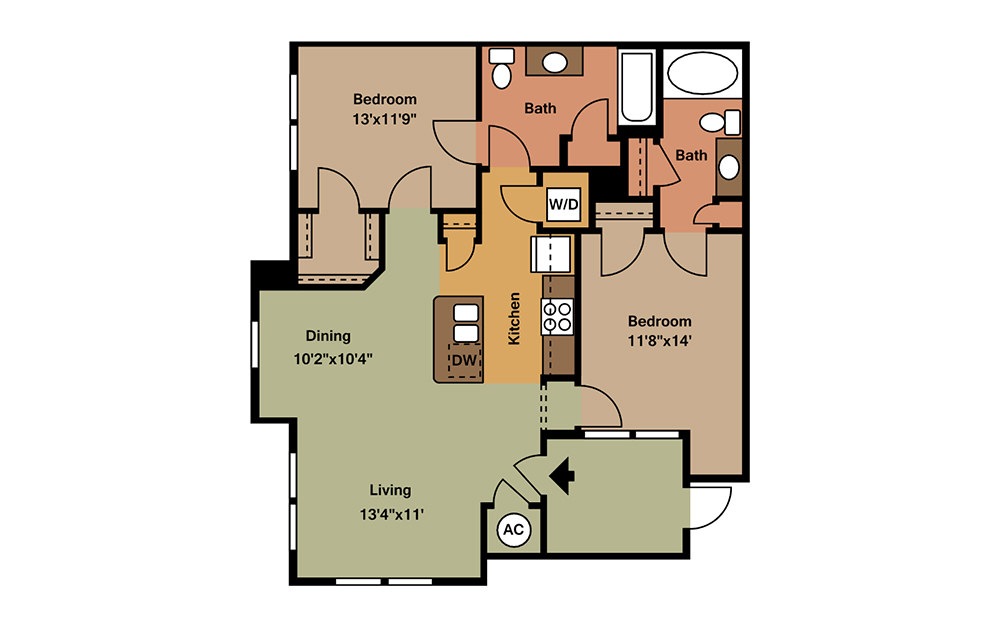 B1HC - 2 bedroom floorplan layout with 2 bathrooms and 1051 square feet (2D)