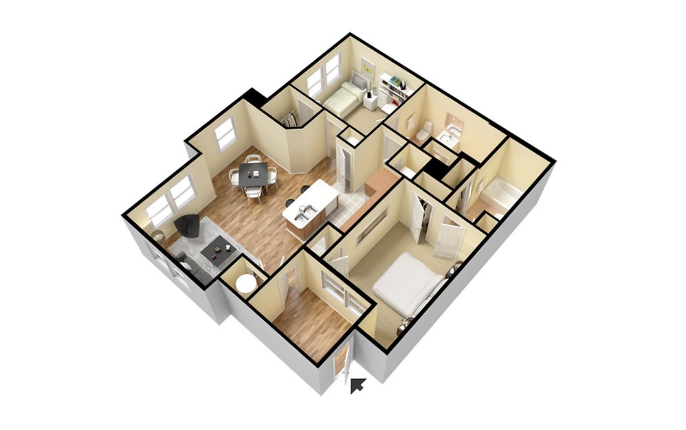 B1HC - 2 bedroom floorplan layout with 2 bathrooms and 1051 square feet (3D)