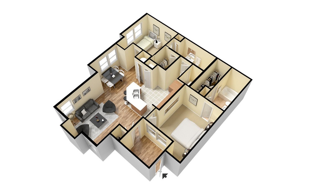 B2 - 2 bedroom floorplan layout with 2 bathrooms and 1211 square feet (3D)